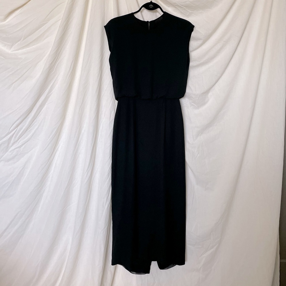 Oak + Fort Black Midi Maxi Dress with Open Slit Back Cinched Waist Flowy Top